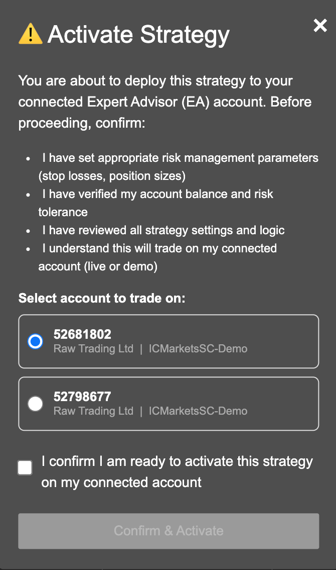 Activate Strategy popup showing risk confirmation checklist, account selector, and Confirm & Activate button