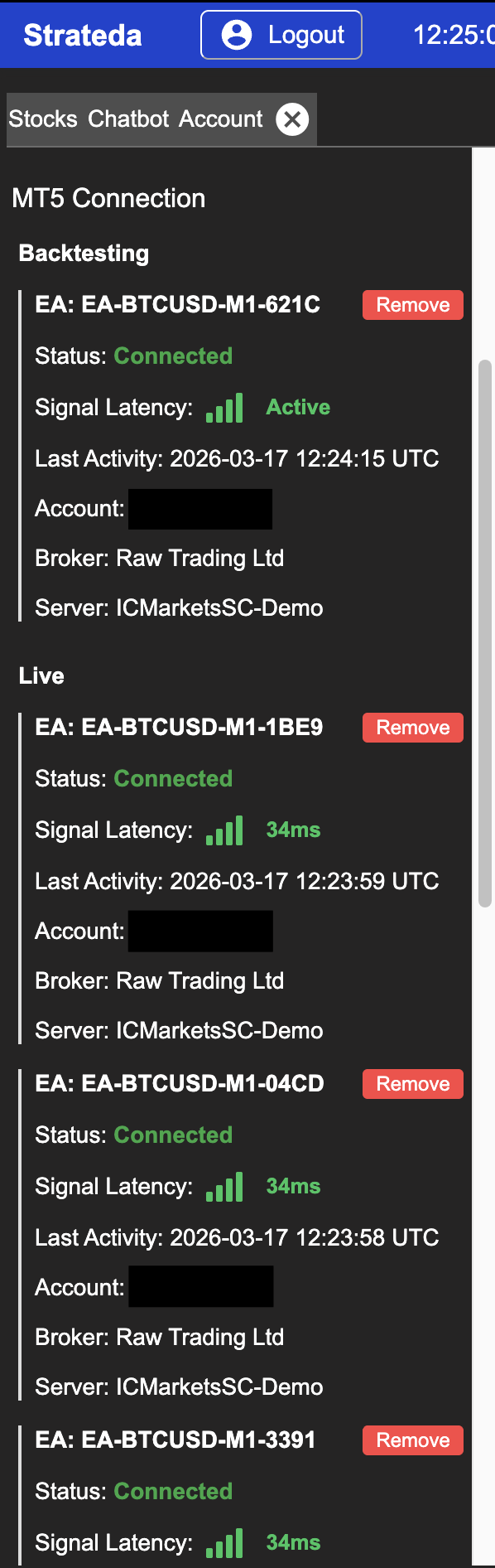 Connected EA panel showing backtesting and live mode connections with signal latency, last activity, account number, broker, server, and remove button