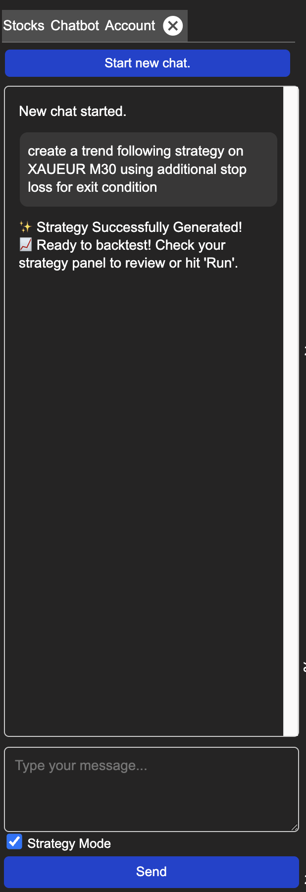 Strategy Mode chat showing description input, Strategy Mode checkbox checked, and success confirmation message